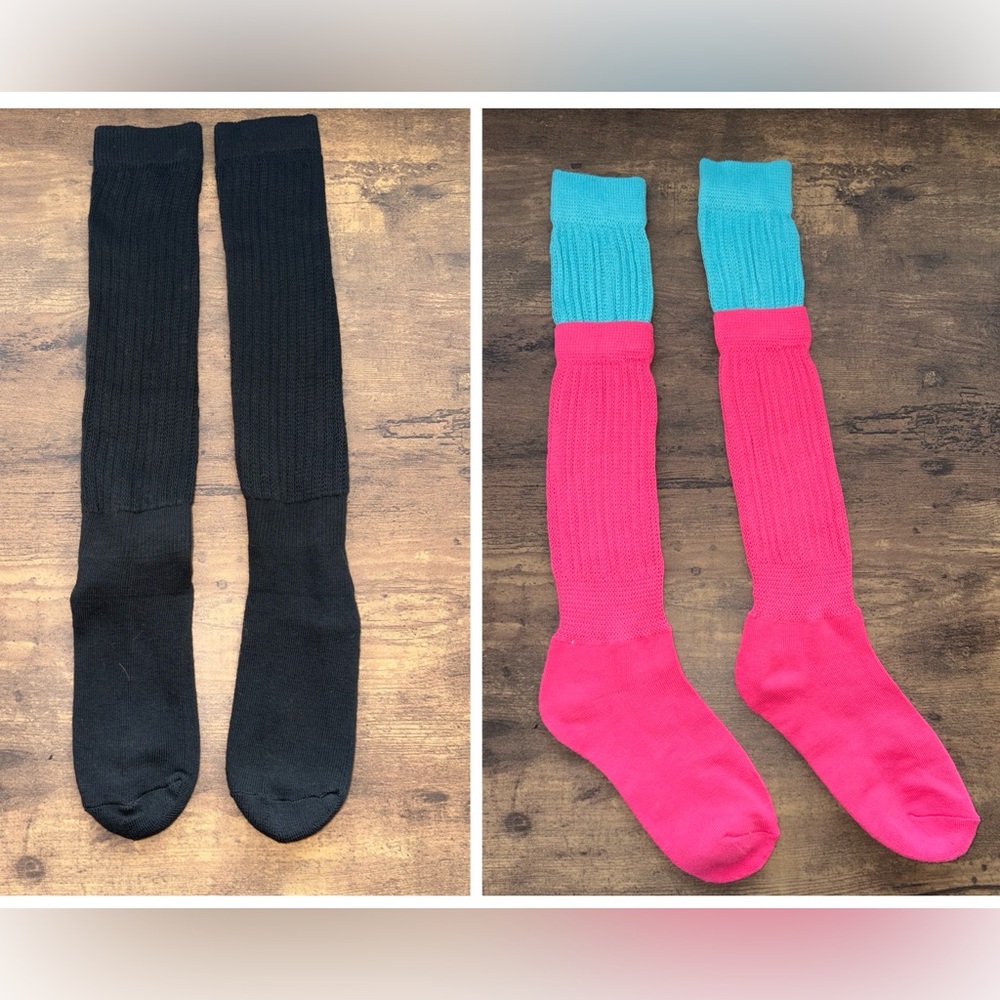 NWOT Black and Pink-Blue Tall Knee-High Scrunching Socks Set